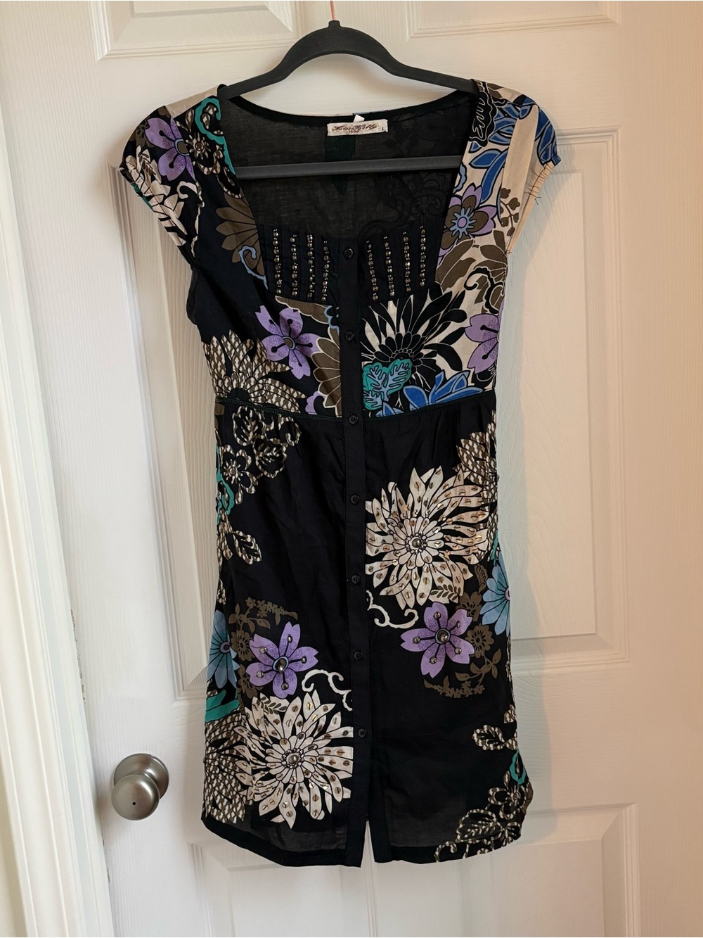 Floral Button-Front Tunic Top - Black with Purple & Teal Flowers